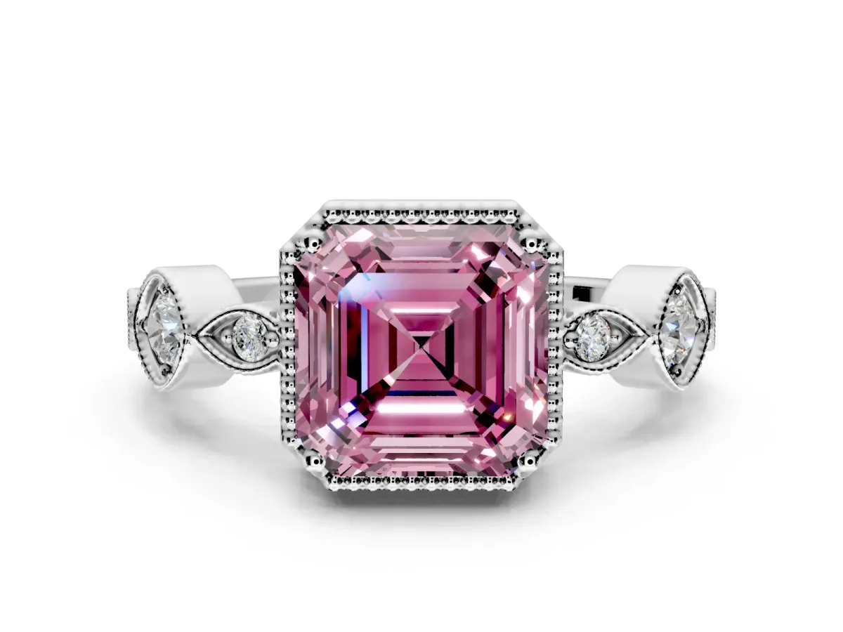 Vintage Station Engagement Ring Setting for Fancy Pink Asscher Cut Center with Accents and Prong Head in Platinum