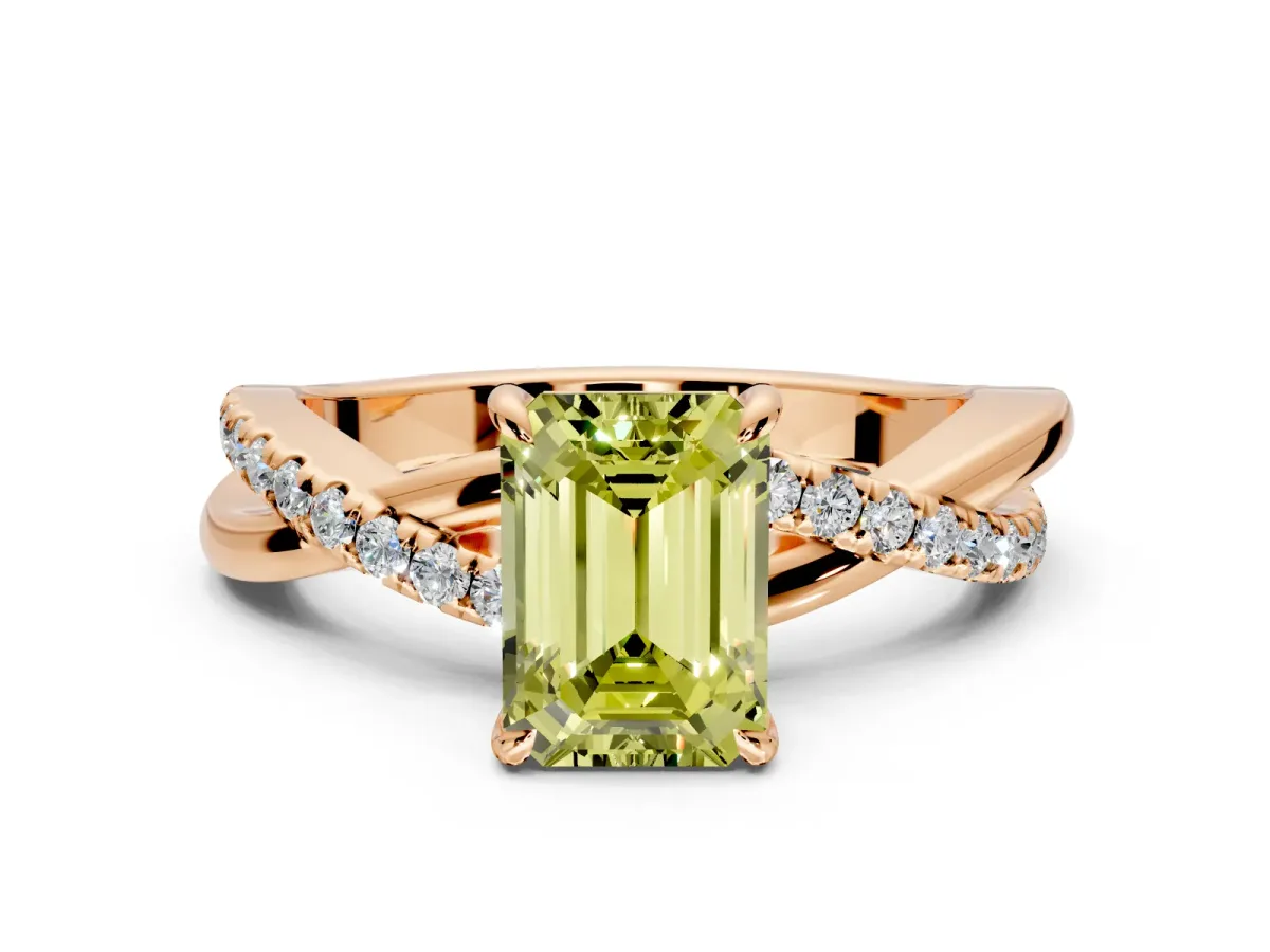 Crossover Engagement Ring Setting for Fancy Yellow Emerald Cut Center with Pave and Plain Strands and Prong Head in Rose Gold