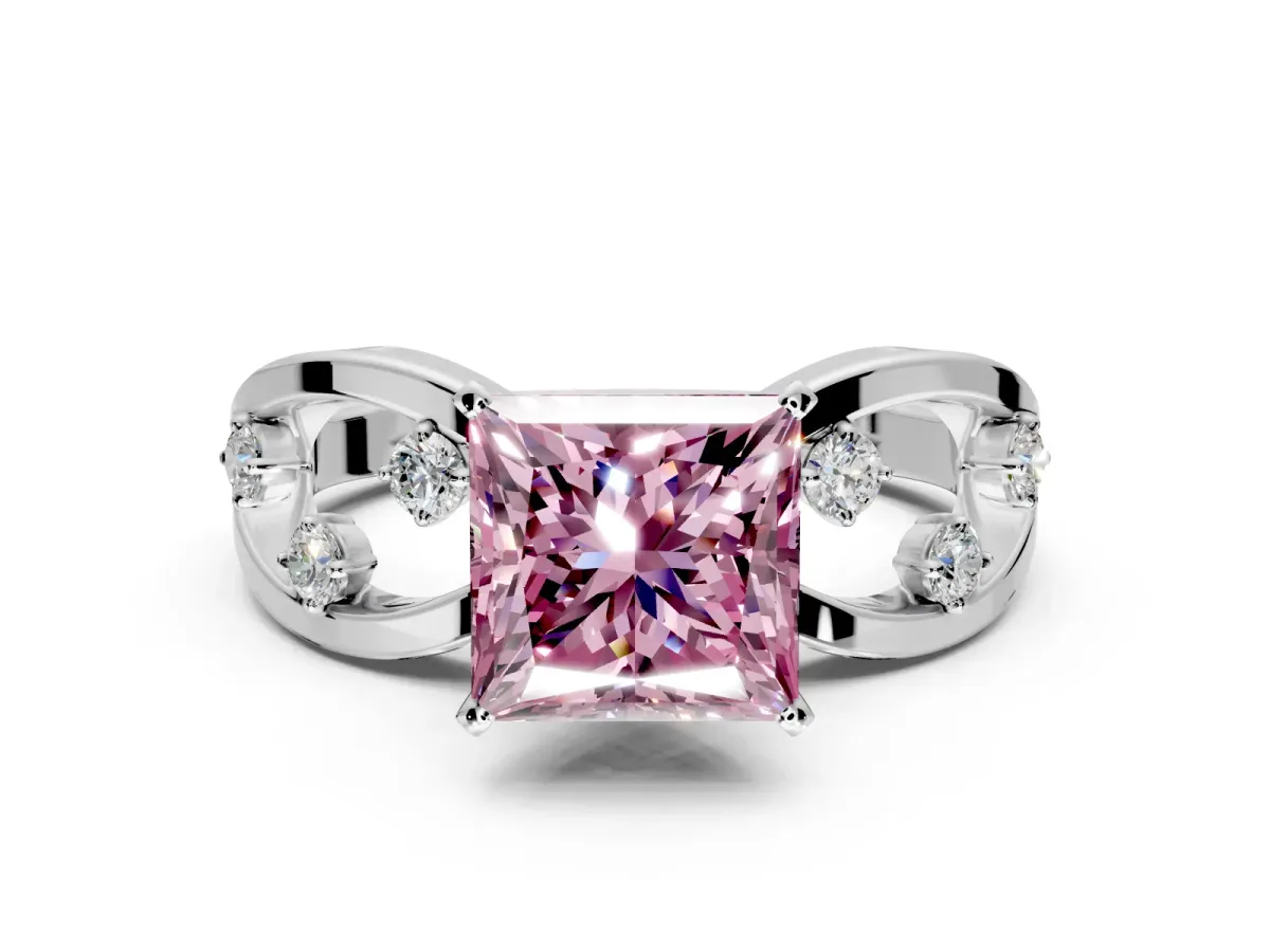 Solitaire Engagement Ring Setting for Fancy Pink Princess Cut Center with Criss-Cross Accent Band and Prong Head in Platinum