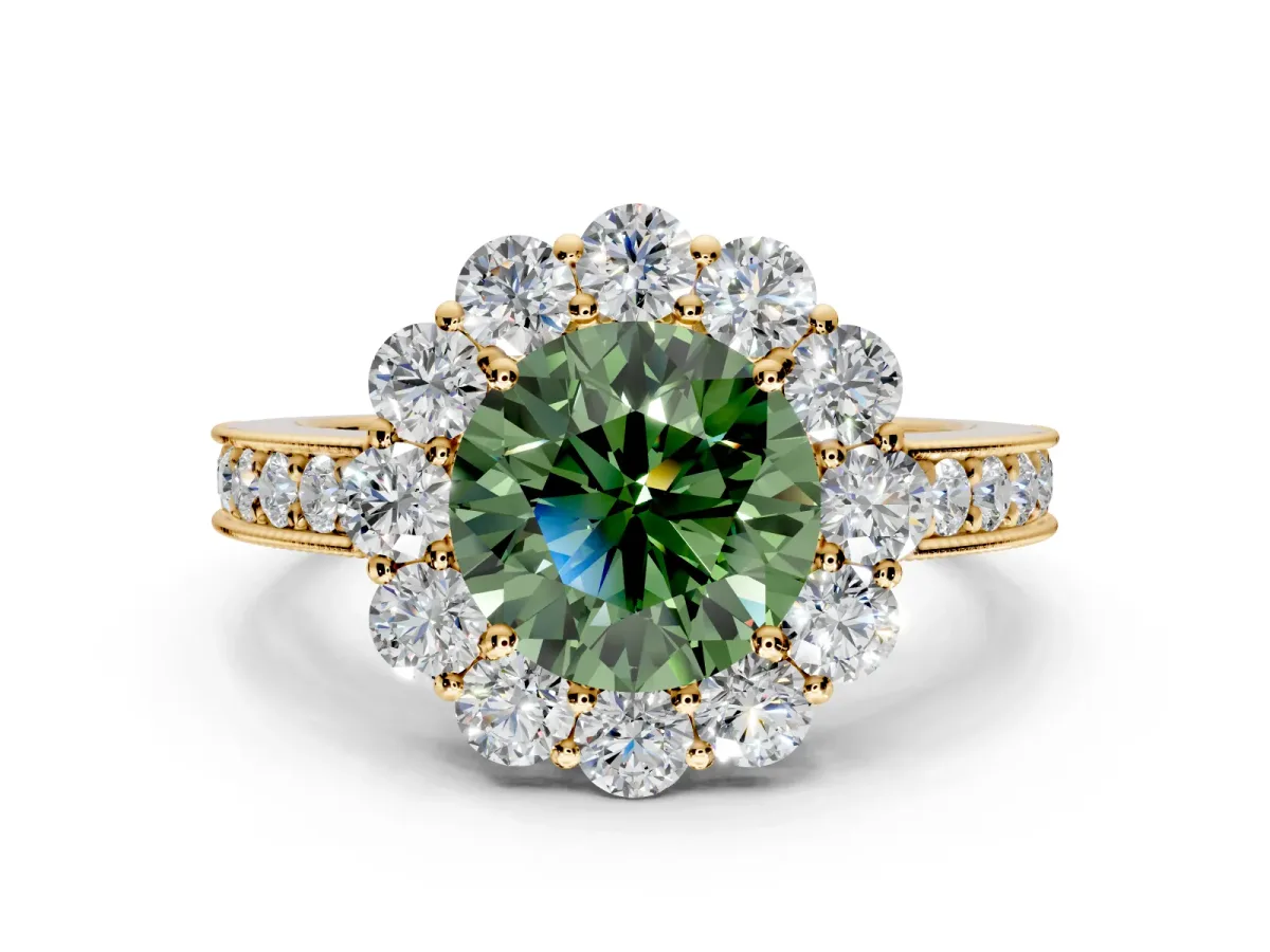 Halo Engagement Ring Setting for Fancy Green Round Cut Center with Milgrain Channel Band and Prong Head in Yellow Gold
