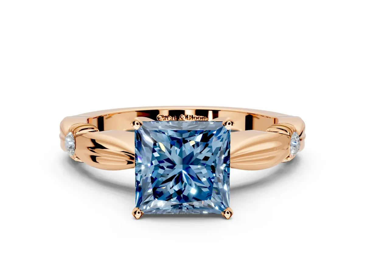 Solitaire Engagement Ring Setting for Fancy Blue Princess Cut Center with Carved Leaf Shoulders and Prong Head in Rose Gold