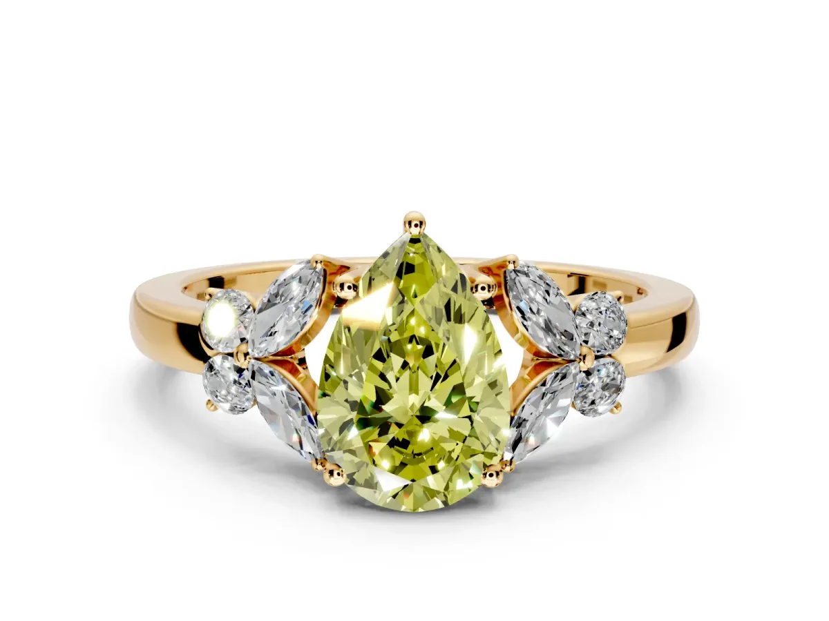 Solitaire Engagement Ring Setting for Fancy Yellow Pear-Shaped Center with Marquise Flower Shoulders and Prong Head in Yellow Gold