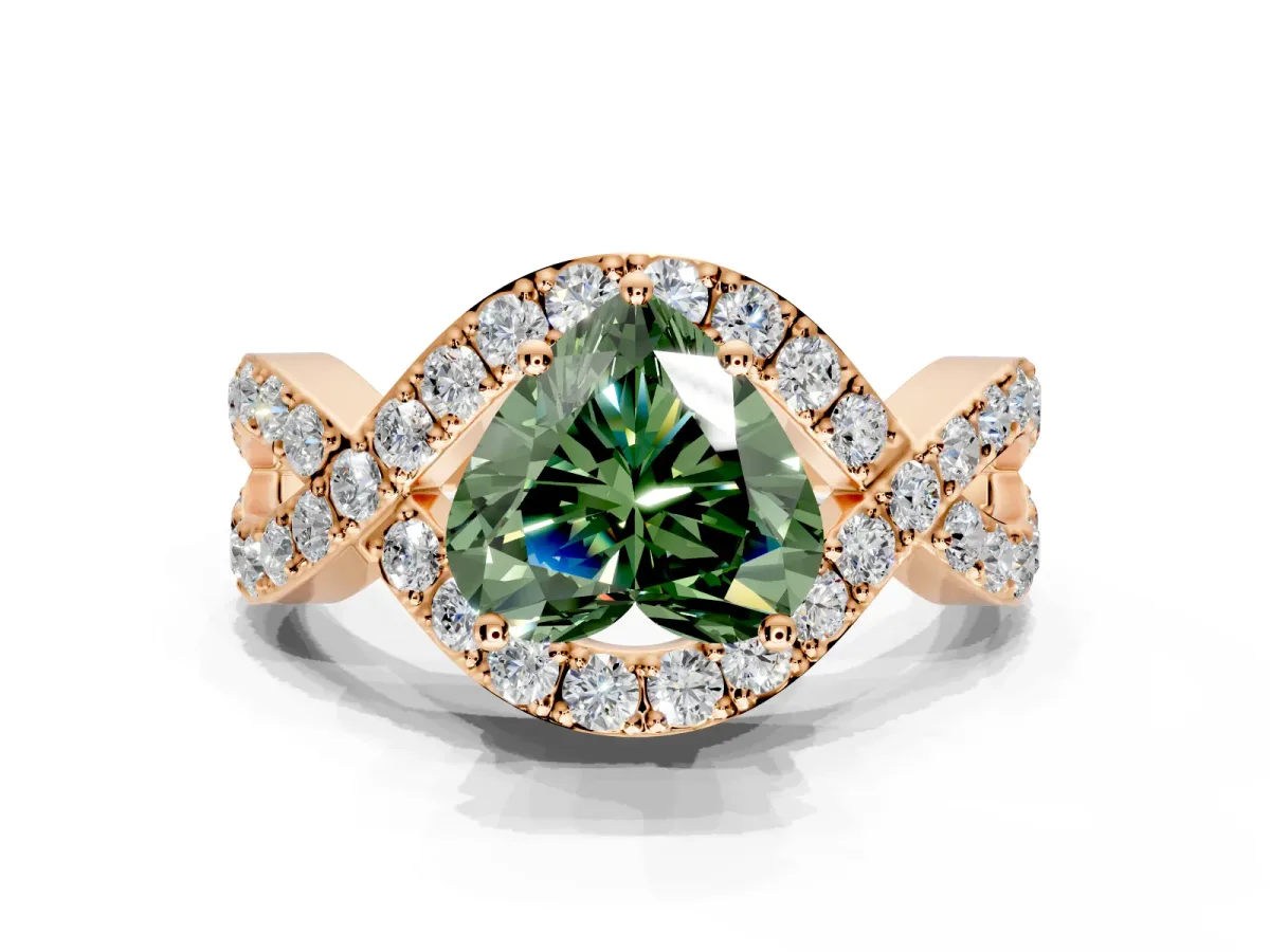 Halo Engagement Ring Setting for Fancy Green Heart-Shaped Center with Pave Infinity Twist Band and Prong Head in Rose Gold