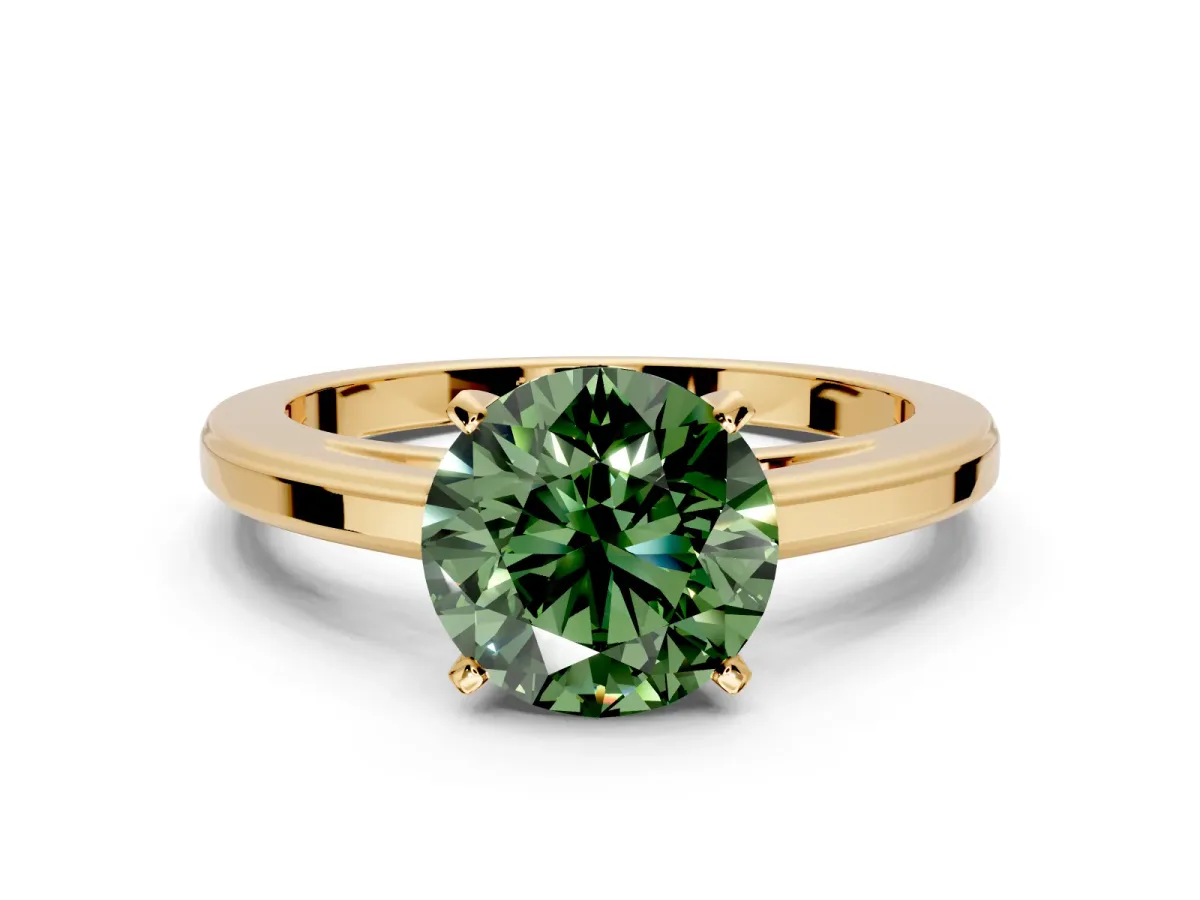 Solitaire Engagement Ring Setting for Fancy Green Round Cut Center with Flat-Sided Plain Band and Prong Head in Yellow Gold