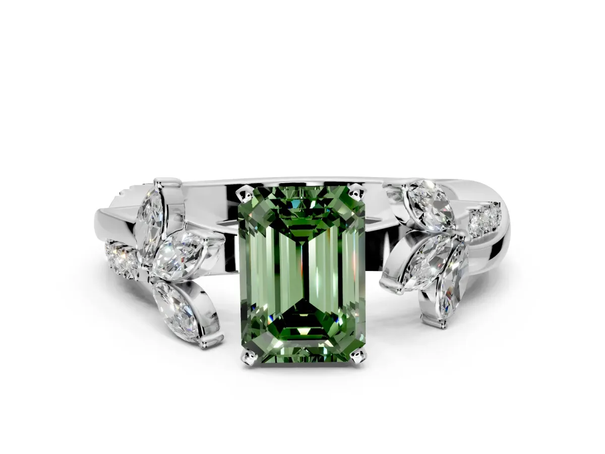 Floral Engagement Ring Setting for Fancy Green Emerald Cut Center with Trailing Marquise Accents and Prong Head in Sterling Silver