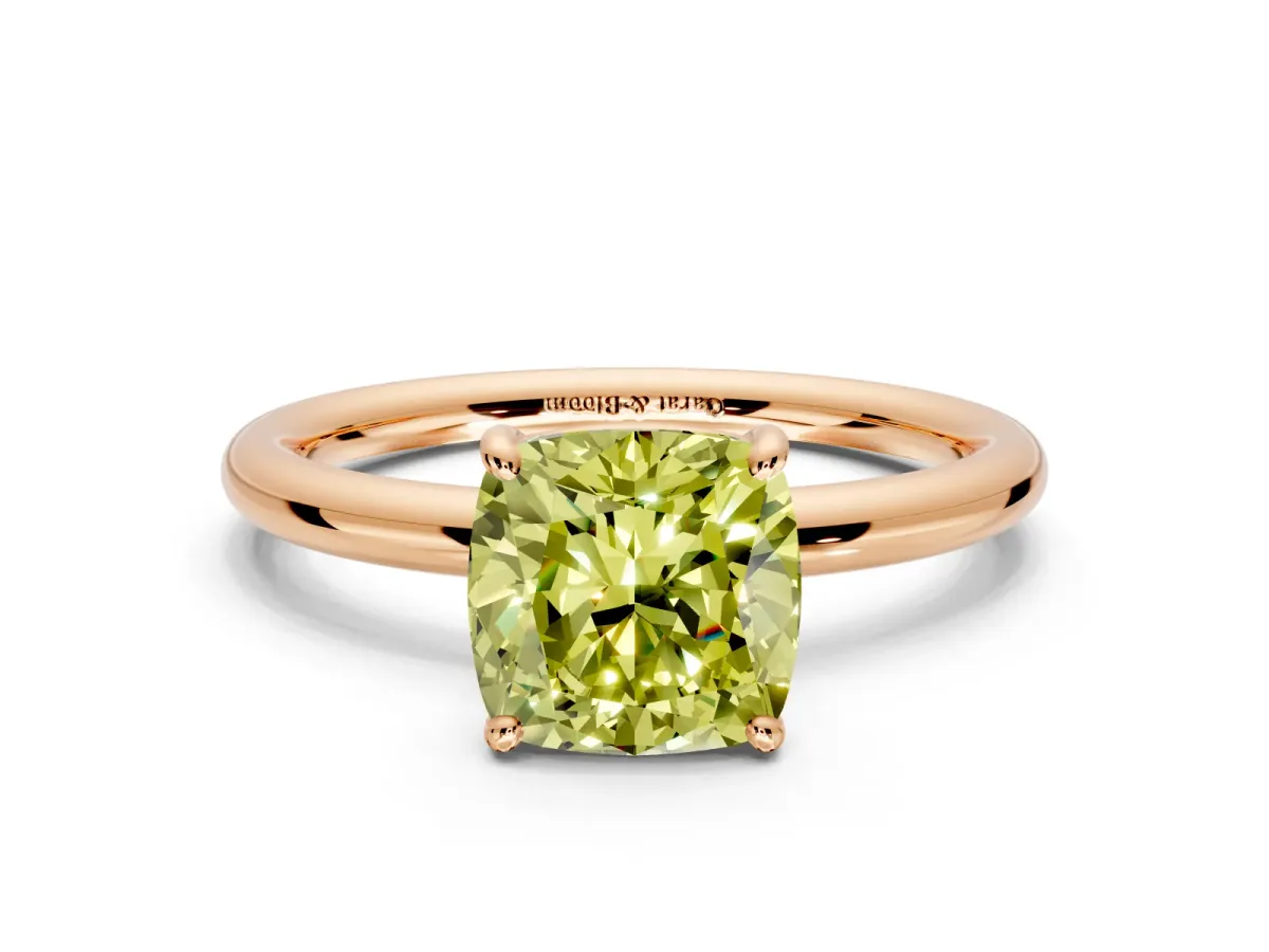 Low-Set Solitaire Engagement Ring Setting for Fancy Yellow Cushion Cut Center with Thin Plain Band and Prong Head in Rose Gold