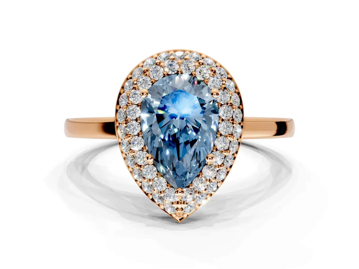 Halo Engagement Ring Setting for Fancy Blue Pear-Shaped Center with Plain Tapered Band and Prong Head in Rose Gold