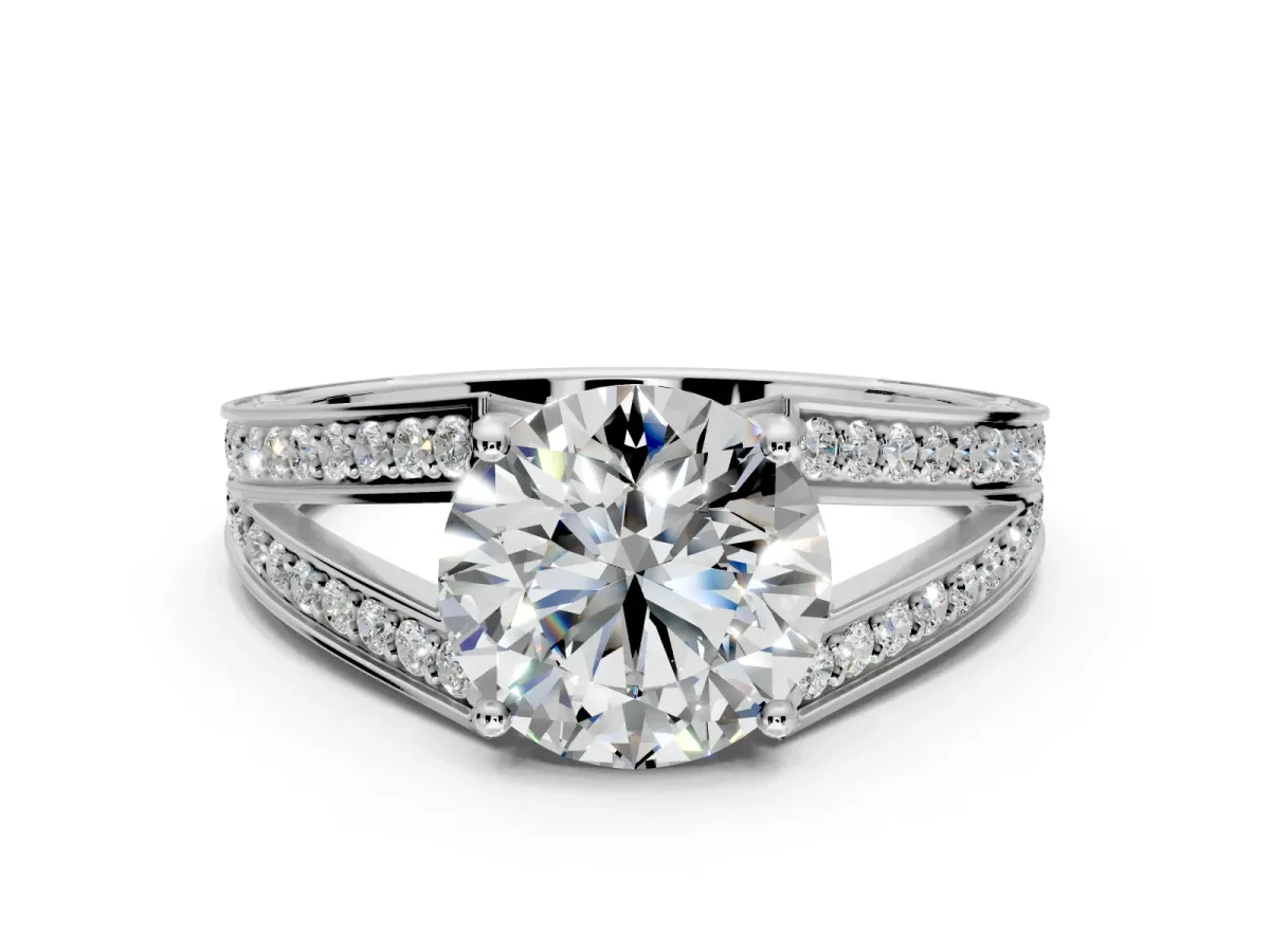 Split Shank Engagement Ring Setting for Round Cut Center with Pave Split Shank and Prong Head in Platinum
