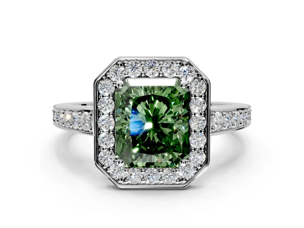 Bezel-Framed Halo Engagement Ring Setting for Fancy Green Radiant Cut Center with Pave Band and Prong Head in Platinum