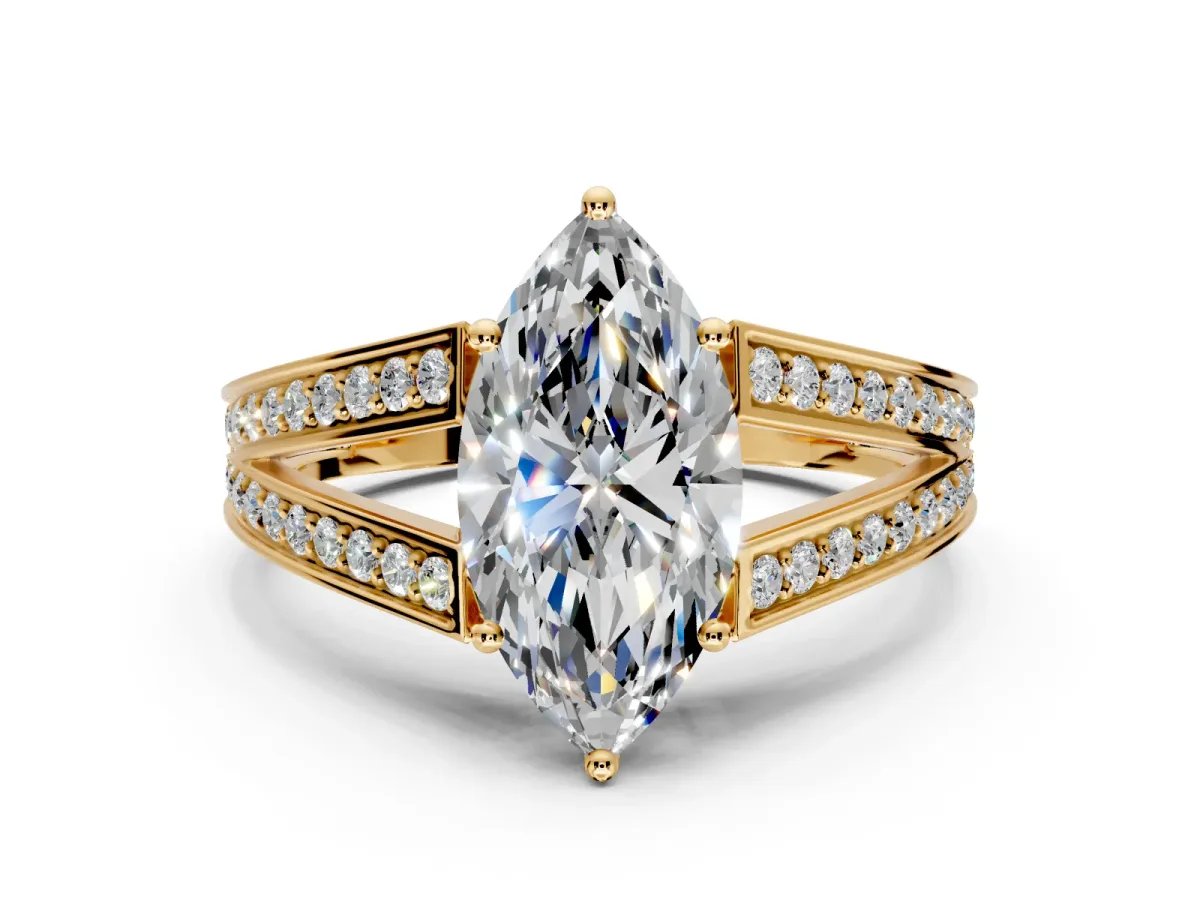 Split Shank Engagement Ring Setting for Marquise Center with Pave Split Shank and Prong Head in Yellow Gold