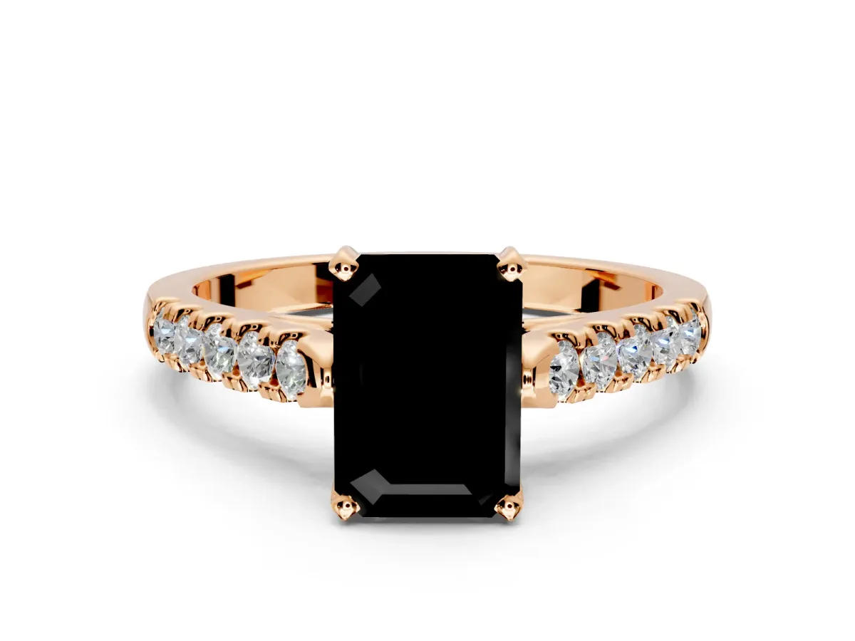 Solitaire Engagement Ring Setting for Fancy Black Emerald Cut Center with Partway Pave Band and Prong Head in Rose Gold