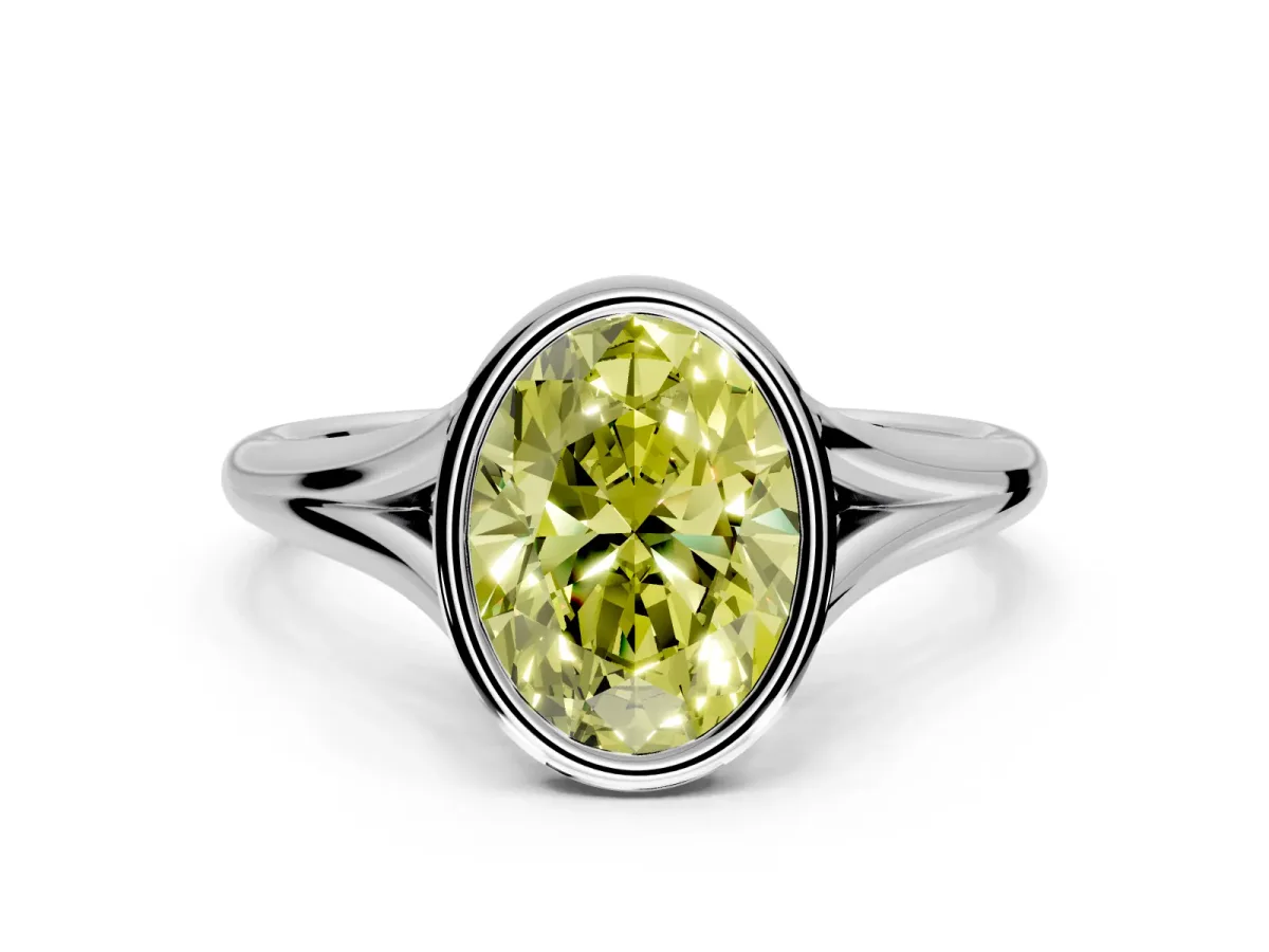 Solitaire Engagement Ring Setting for Fancy Yellow Oval Center with V Split Shank and Bezel Head in Sterling Silver