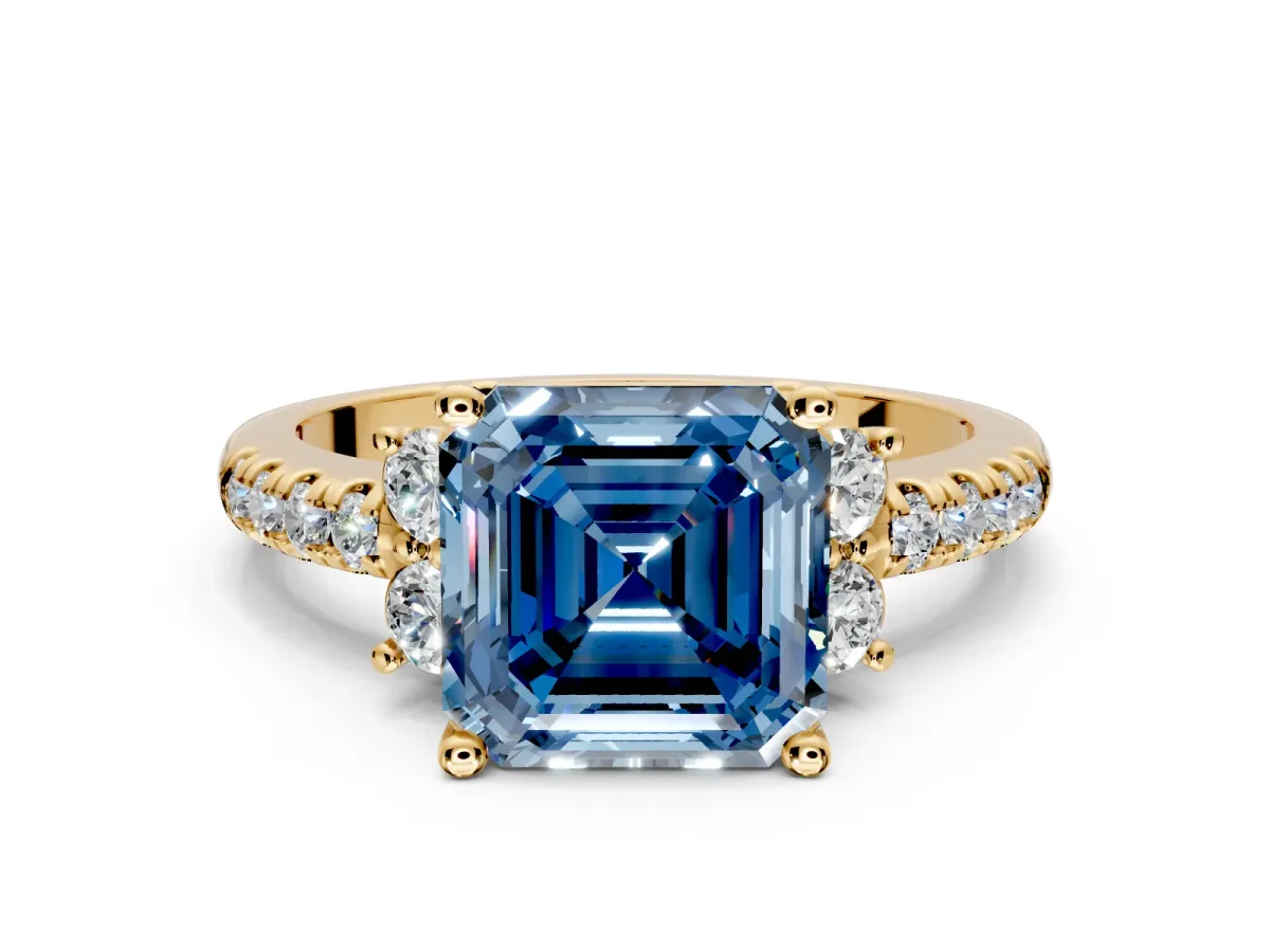 Paired Accent Engagement Ring Setting for Fancy Blue Asscher Cut Center with Pave Band and Prong Head in Yellow Gold