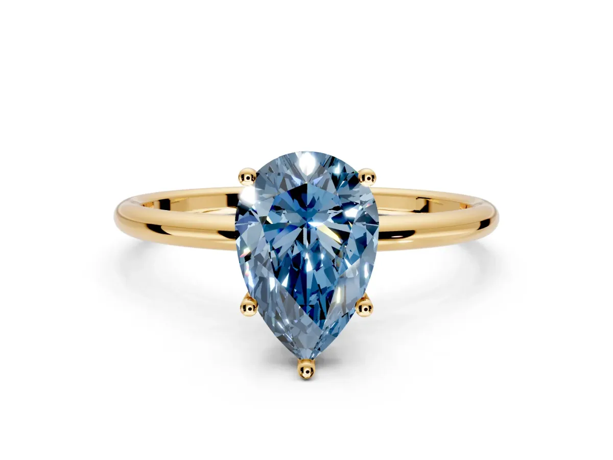 Solitaire Engagement Ring Setting for Fancy Blue Pear-Shaped Center with Straight Thin Band and Prong Head in Yellow Gold