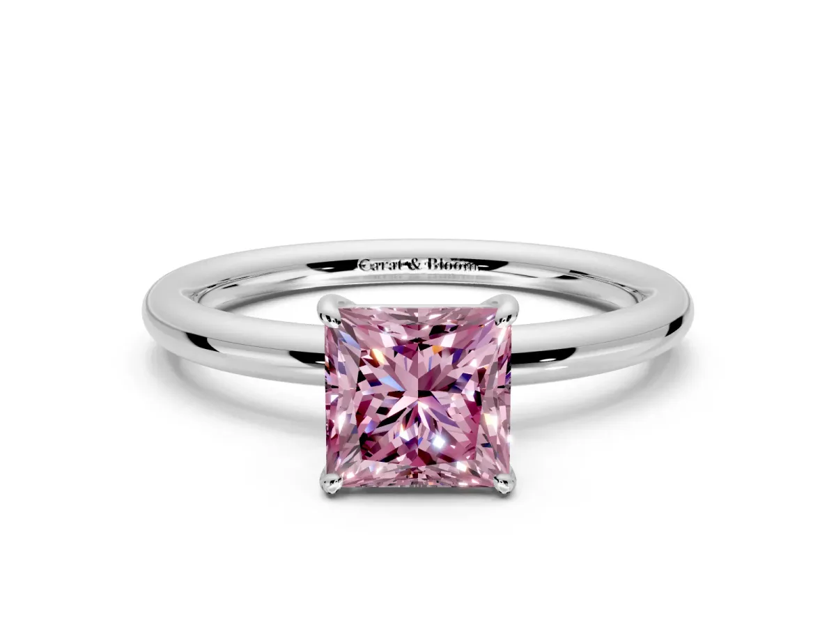 Low-Set Solitaire Engagement Ring Setting for Fancy Pink Princess Cut Center with Thin Plain Band and Prong Head in Sterling Silver