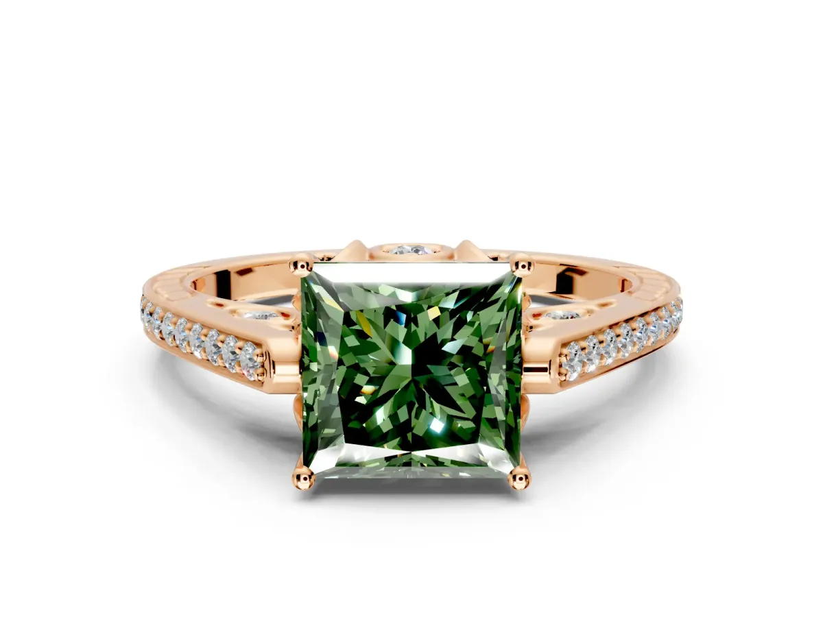 Cathedral Engagement Ring Setting for Fancy Green Princess Cut Center with Antique-Style Pave Band and Prong Head in Rose Gold