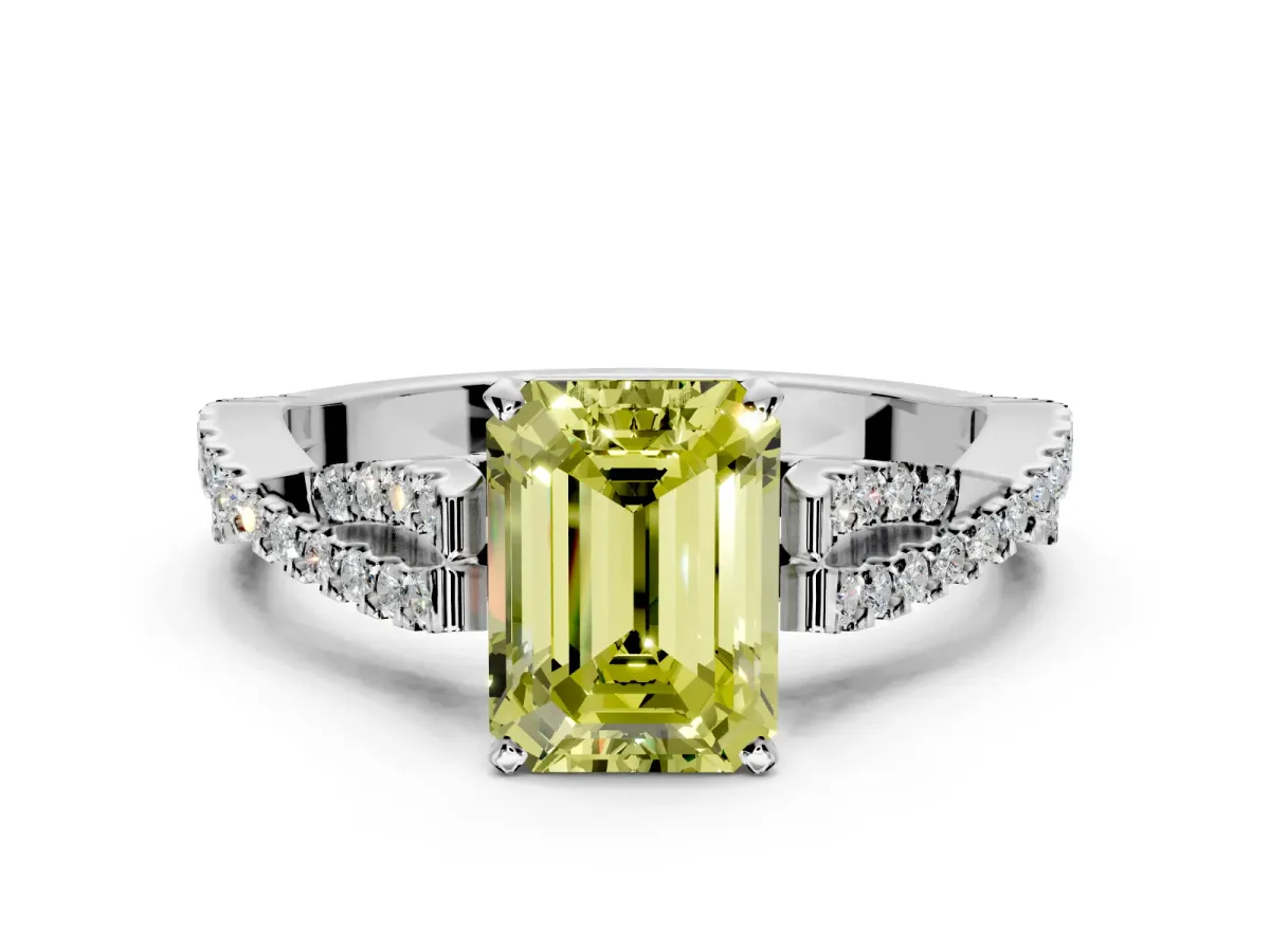 Solitaire Engagement Ring Setting for Fancy Yellow Emerald Cut Center with Twisted Pave Split Shank and Prong Head in Platinum