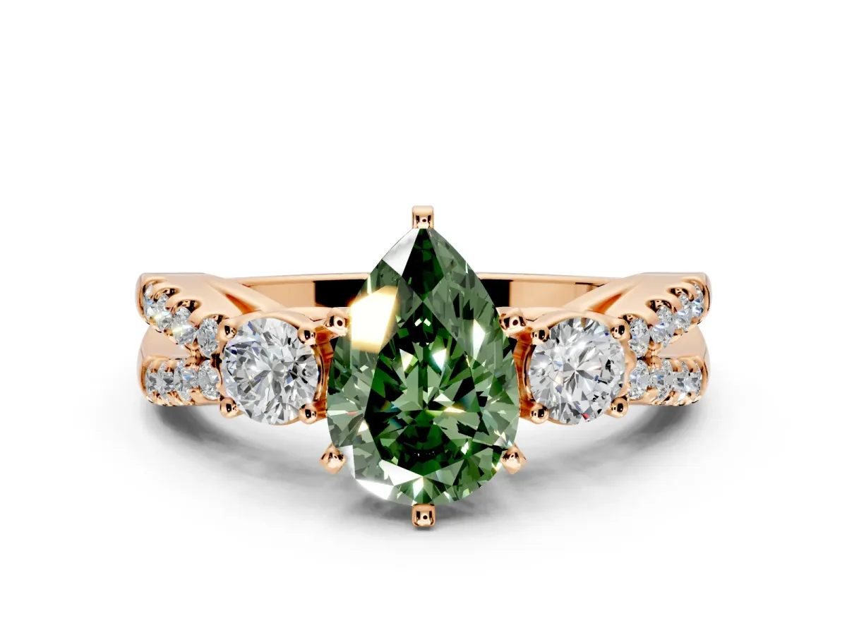 3 Stone Engagement Ring Setting for Fancy Green Pear-Shaped Center with Pave Split Shank and Prong Head in Rose Gold