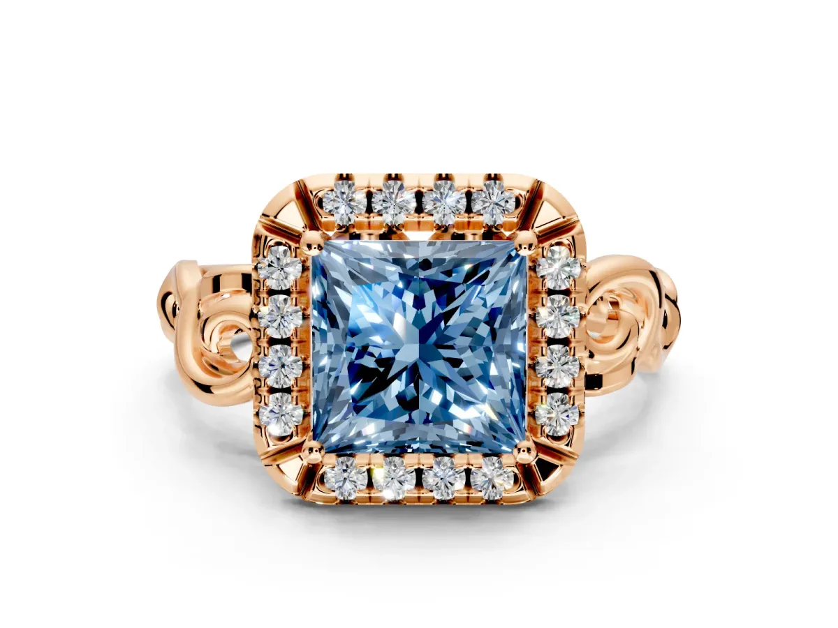 Halo Engagement Ring Setting for Fancy Blue Princess Cut Center with Open Scroll Shoulders and Prong Head in Rose Gold