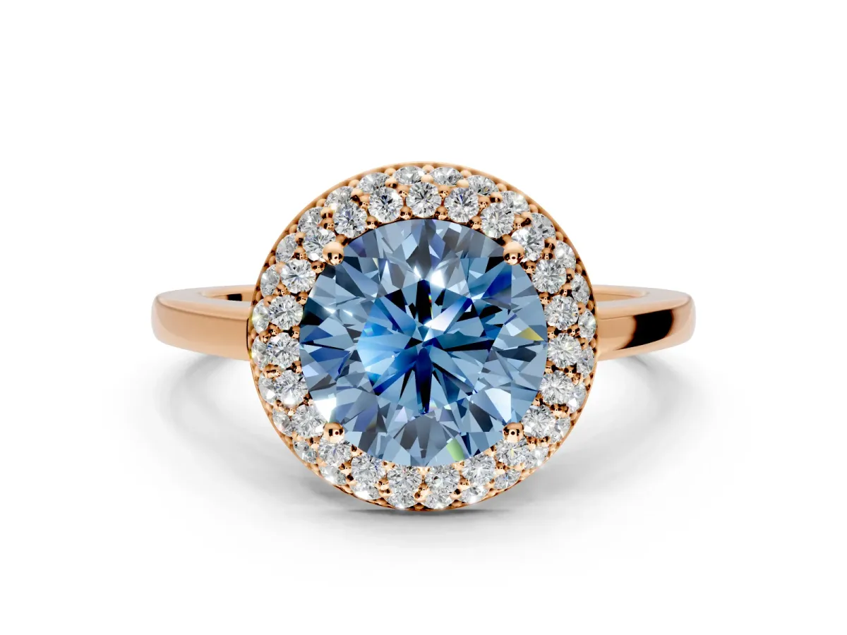 Halo Engagement Ring Setting for Fancy Blue Round Cut Center with Plain Tapered Band and Prong Head in Rose Gold