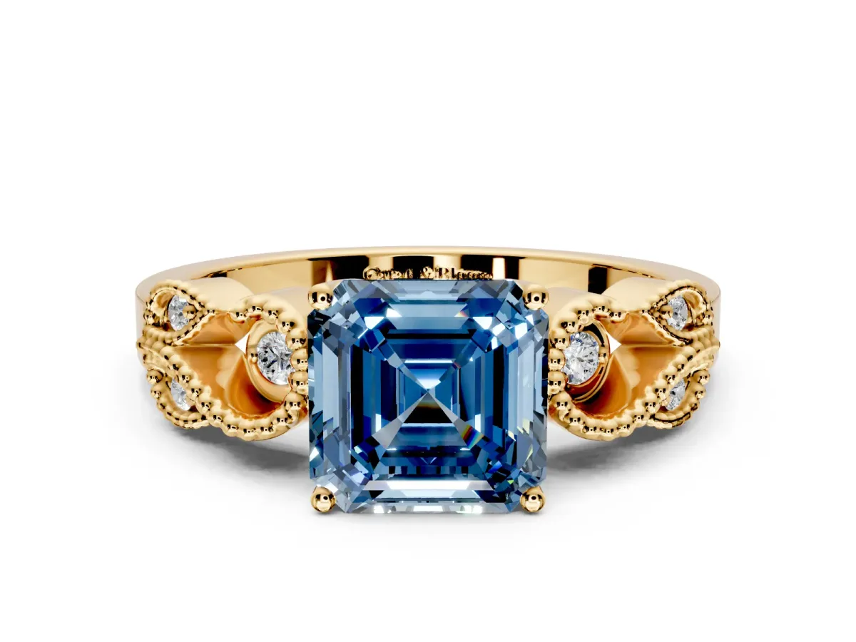 Leaf Engagement Ring Setting for Fancy Blue Asscher Cut Center with Milgrain Accent Band and Prong Head in Yellow Gold