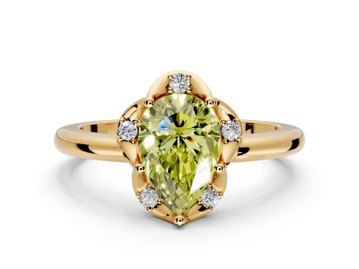 Floral Frame Engagement Ring Setting for Fancy Yellow Pear-Shaped Center with Accent Clusters and Prong Head in Yellow Gold