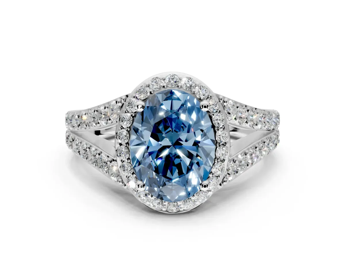 Halo Engagement Ring Setting for Fancy Blue Oval Center with Narrow Pave Split Shank and Prong Head in Sterling Silver