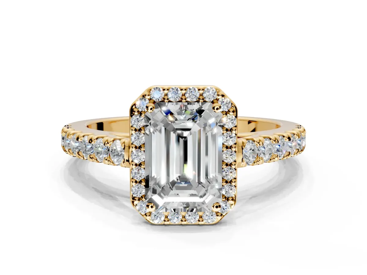Halo Engagement Ring Setting for Emerald Cut Center with Full Pave Band and Prong Head in Yellow Gold