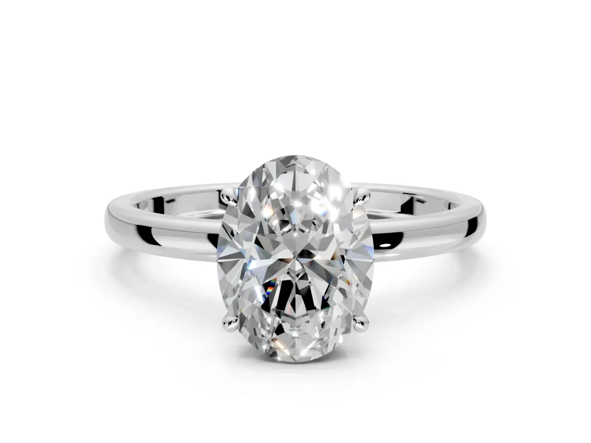 Hidden Halo Engagement Ring Setting for Oval Center with Plain Band and Tall Prong Head in White Gold