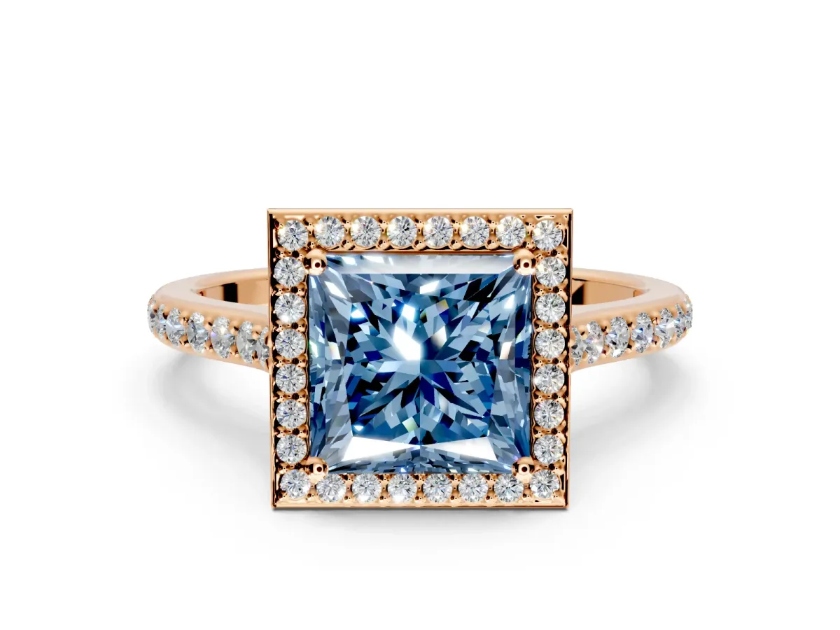Halo Engagement Ring Setting for Fancy Blue Princess Cut Center with Pave Accents, Heart Basket and Prong Head in Rose Gold