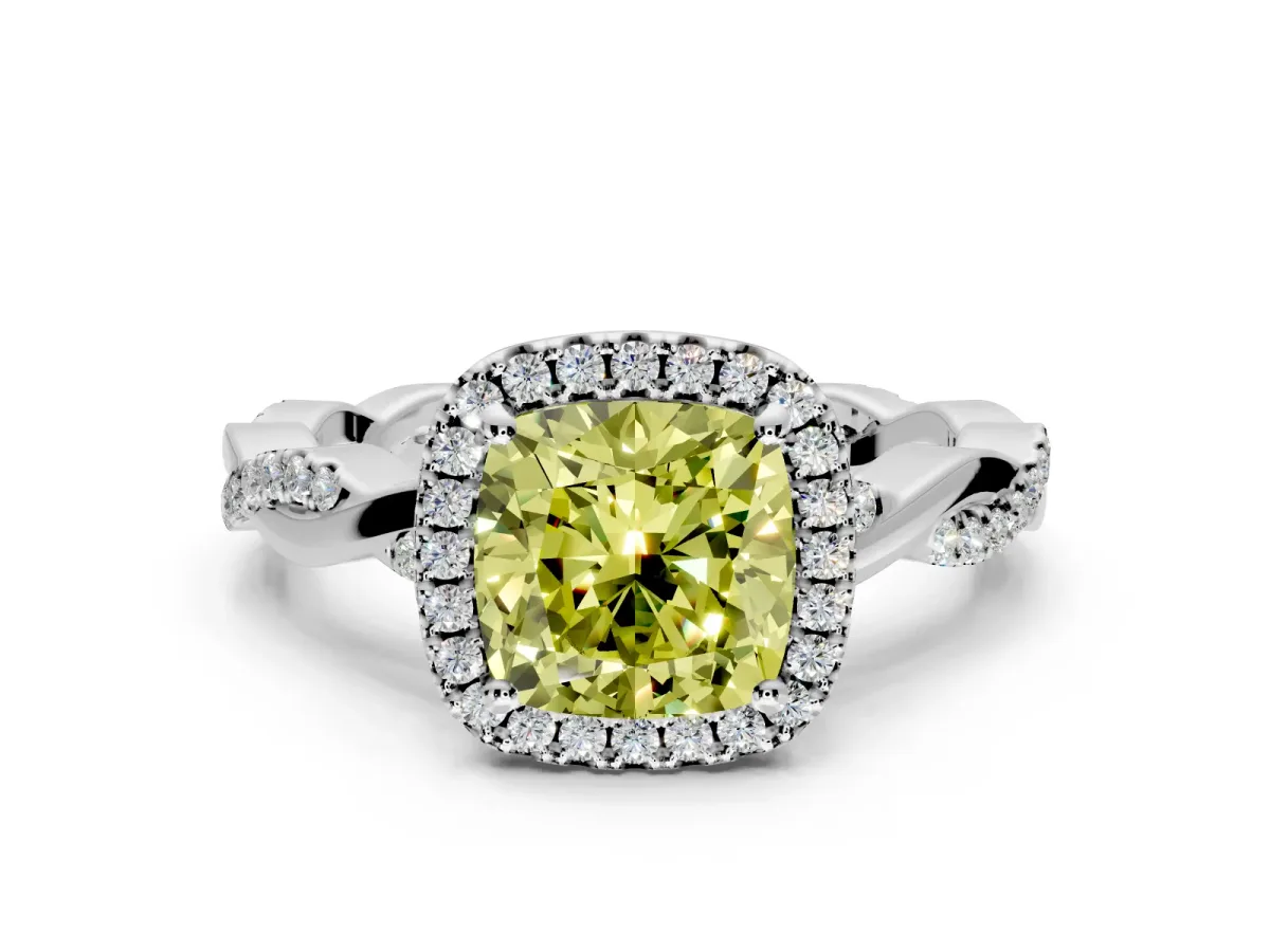 Halo Engagement Ring Setting for Fancy Yellow Cushion Cut Center with Pave and Plain Twist Band and Prong Head in Sterling Silver