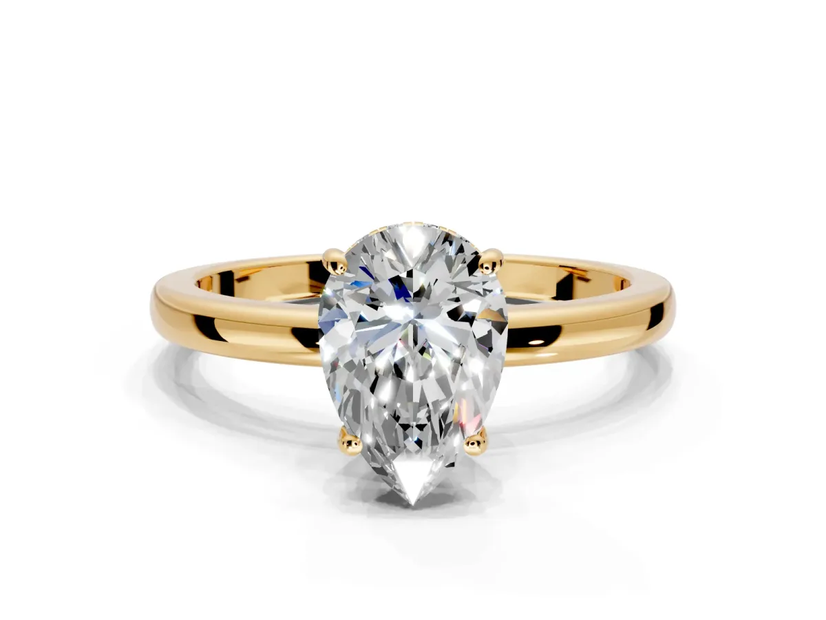 Solitaire Engagement Ring Setting for Pear-Shaped Center with Fine Wire Band and Prong Head in Yellow Gold