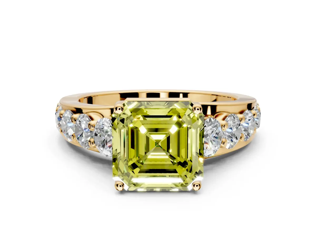 Solitaire Engagement Ring Setting for Fancy Yellow Asscher Cut Center with Graduated Shared Prongs and Prong Head in Yellow Gold