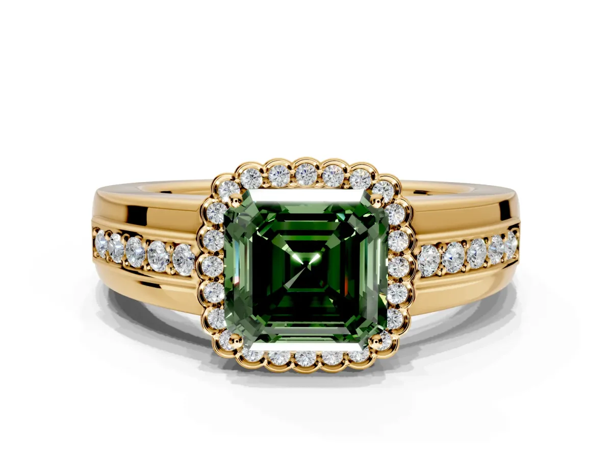 Halo Engagement Ring Setting for Fancy Green Asscher Cut Center with Wide Band, Inlaid Accent Row and Prong Head in Yellow Gold