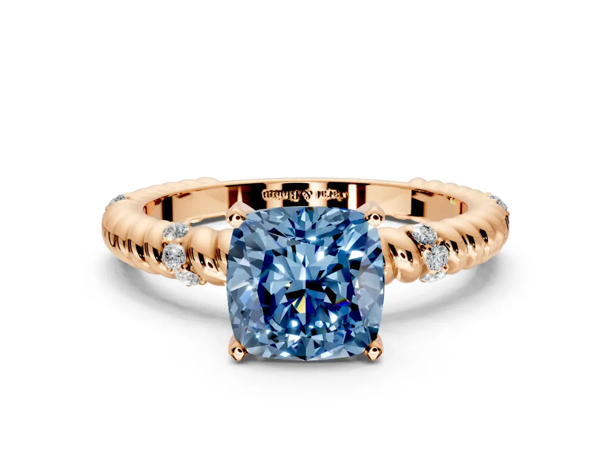 Rope Engagement Ring Setting for Fancy Blue Cushion Cut Center with Accent Shoulders and Prong Head in Rose Gold