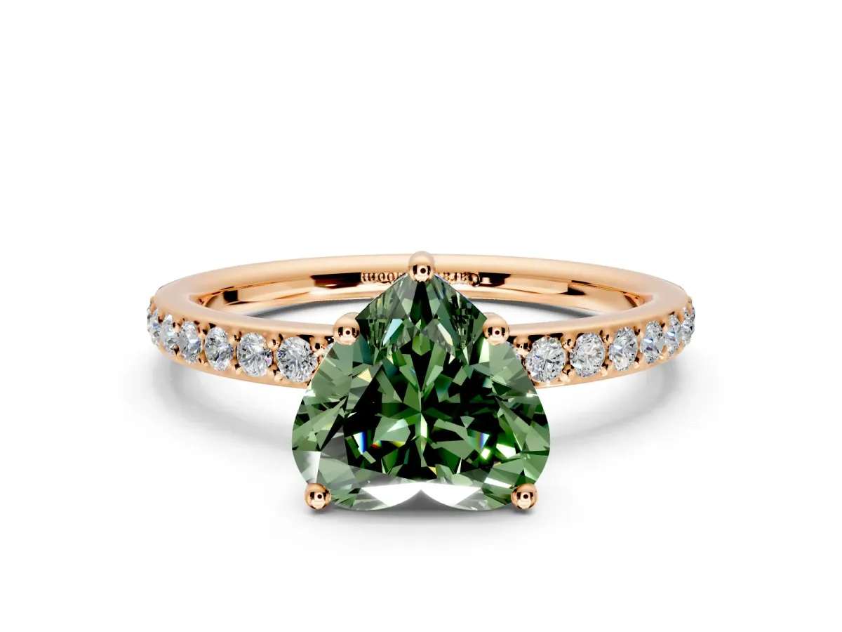 Solitaire Engagement Ring Setting for Fancy Green Heart-Shaped Center with Fine Pave Band and Prong Head in Rose Gold