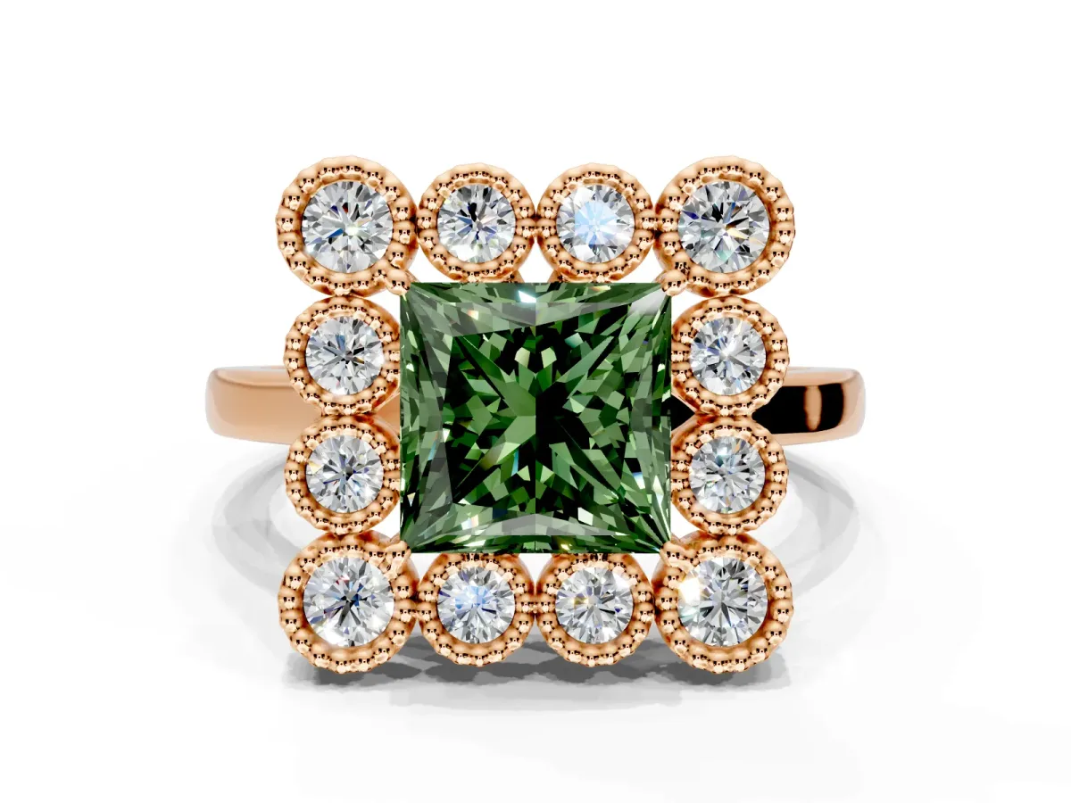Cluster Halo Engagement Ring Setting for Fancy Green Princess Cut Center with Milgrain Bezel Accents and Prong Head in Rose Gold