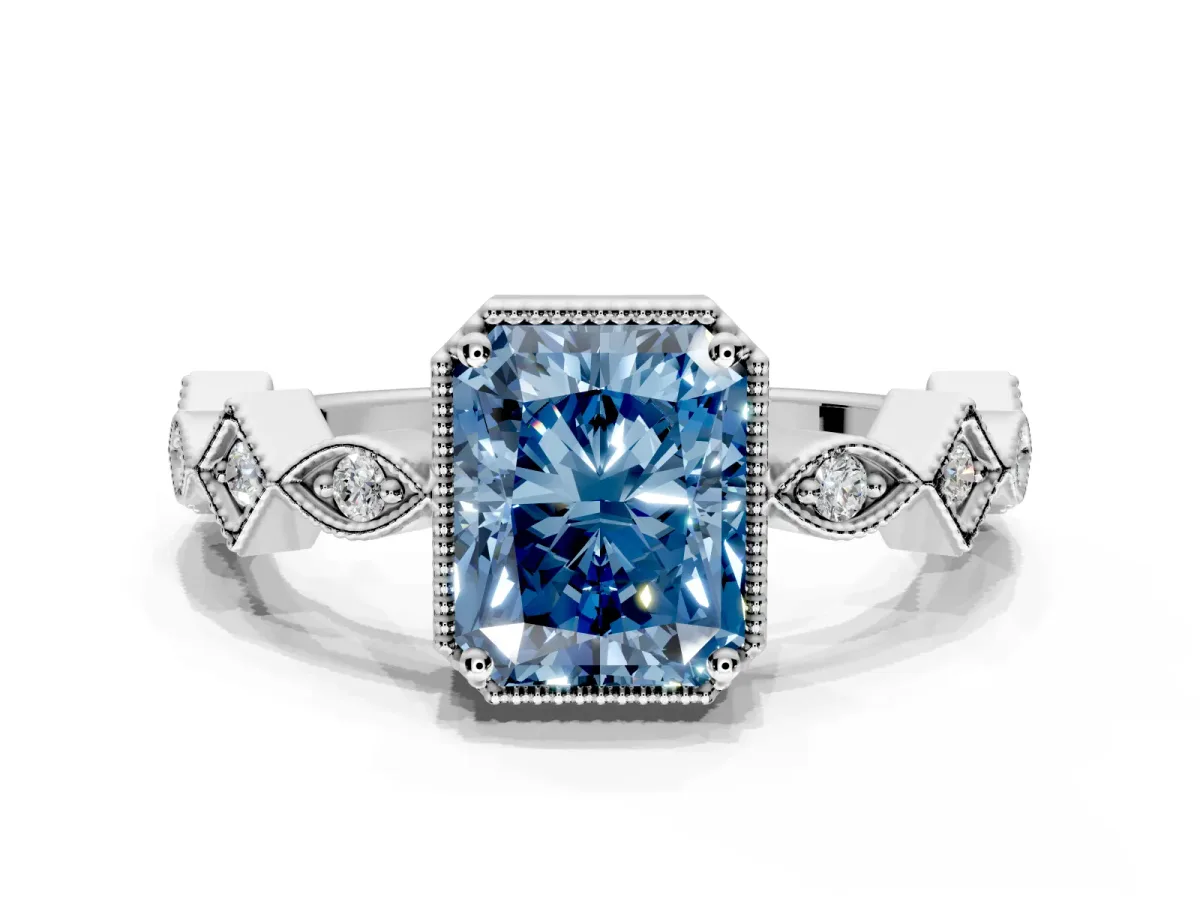 Milgrain Bezel Engagement Ring Setting for Fancy Blue Radiant Cut Center with Marquise Stations and Bezel Head in Sterling Silver