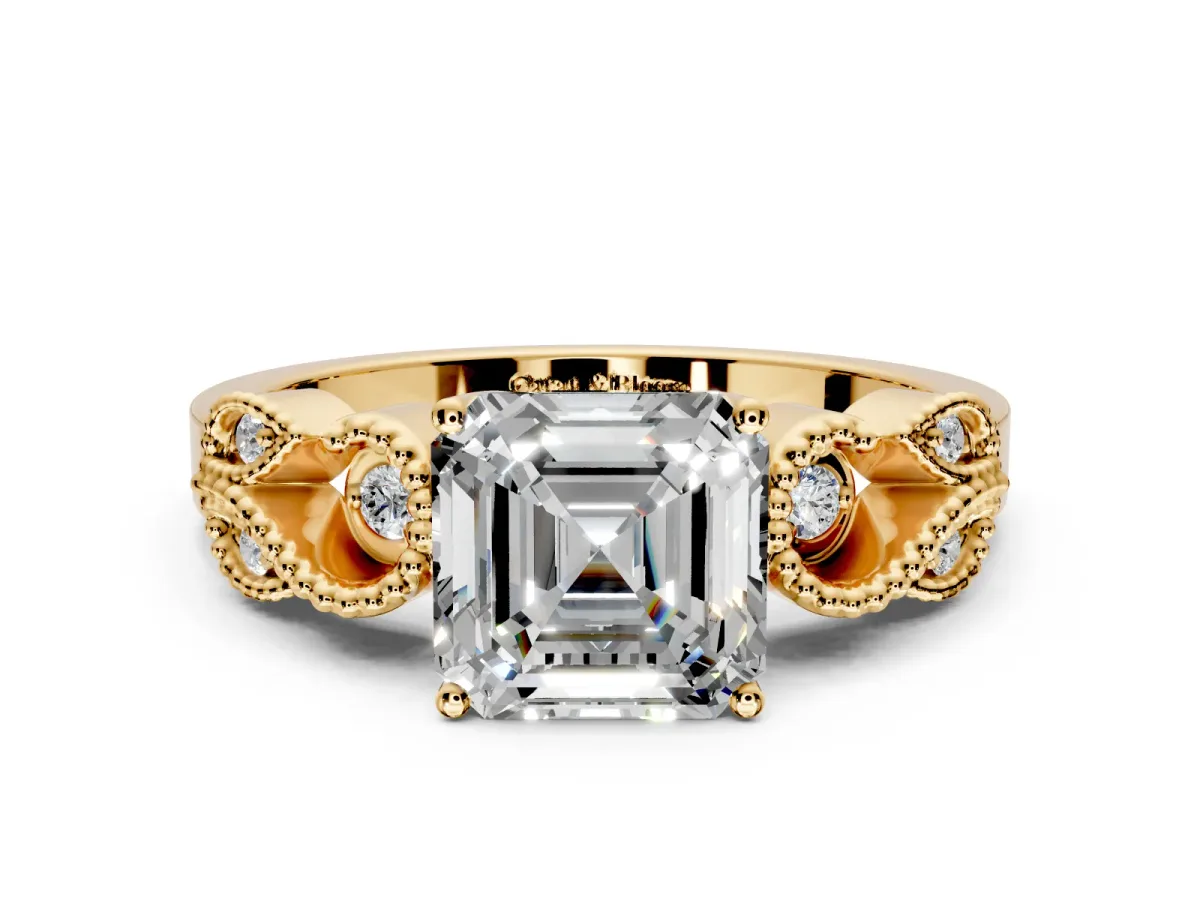 Leaf Engagement Ring Setting for Asscher Cut Center with Milgrain Accent Band and Prong Head in Yellow Gold