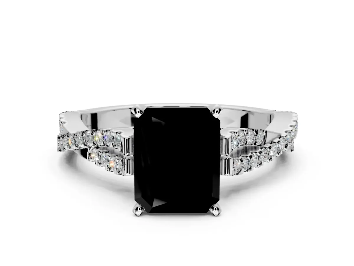 Solitaire Engagement Ring Setting for Fancy Black Radiant Cut Center with Twisted Pave Split Shank and Prong Head in Sterling Silver