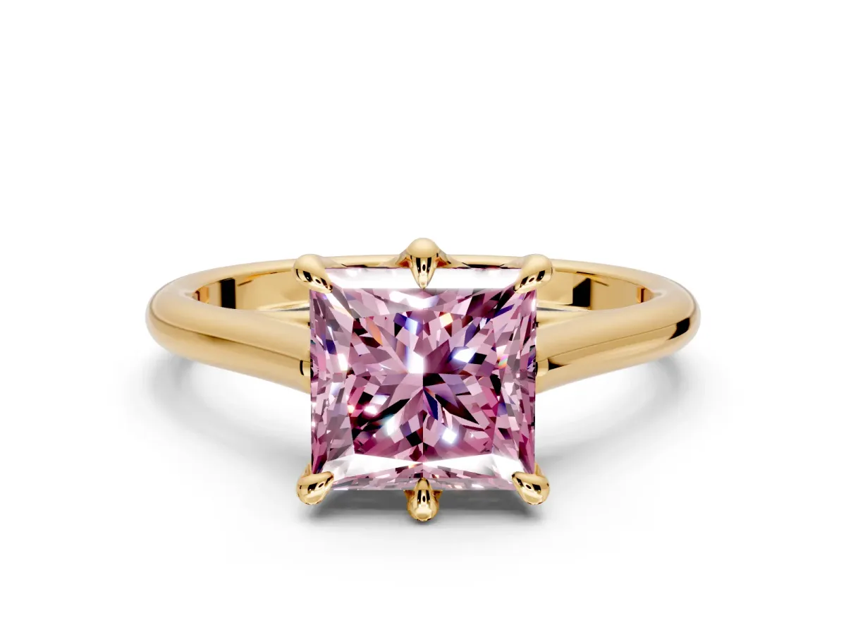 Solitaire Engagement Ring Setting for Fancy Pink Princess Cut Center with Cathedral Band and Prong Head in Yellow Gold