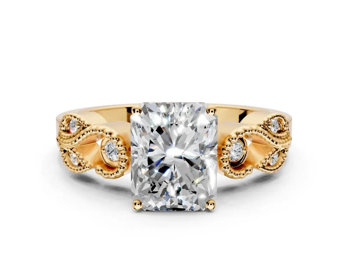 Leaf Engagement Ring Setting for Princess Cut Center with Milgrain Accent Band and Prong Head in Yellow Gold