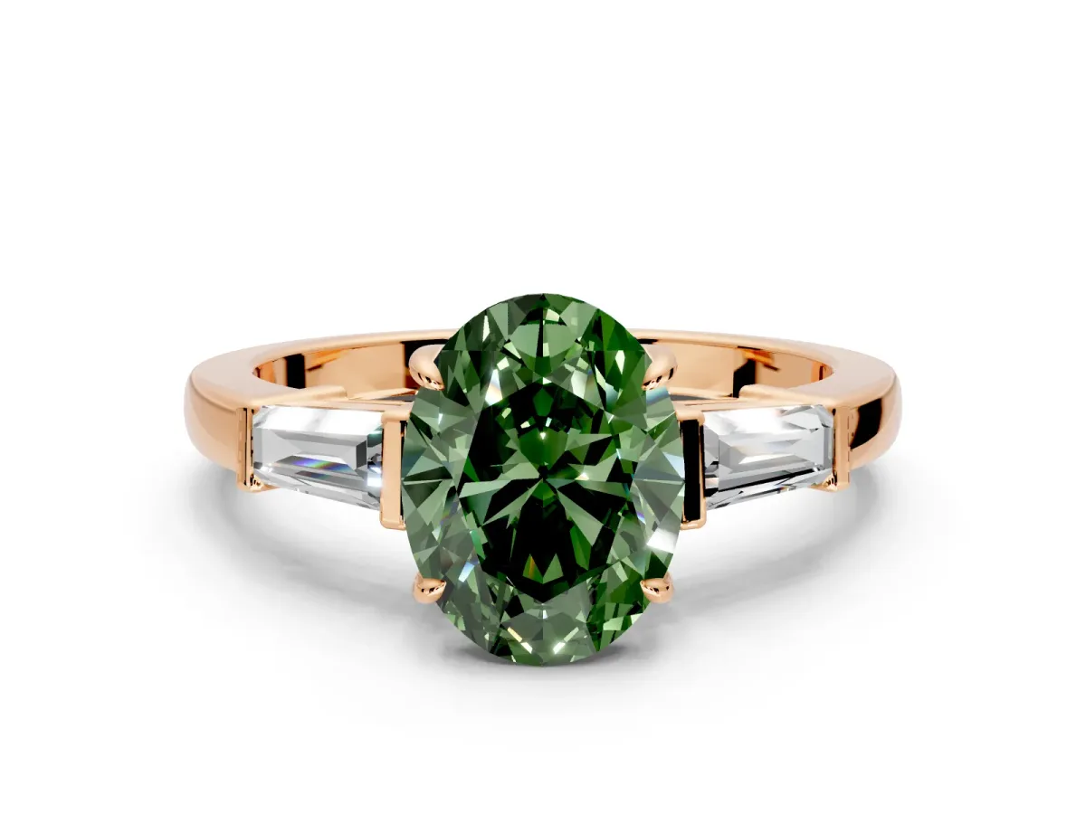 3 Stone Engagement Ring Setting for Fancy Green Oval Center with Baguette Accents and Prong Head in Rose Gold
