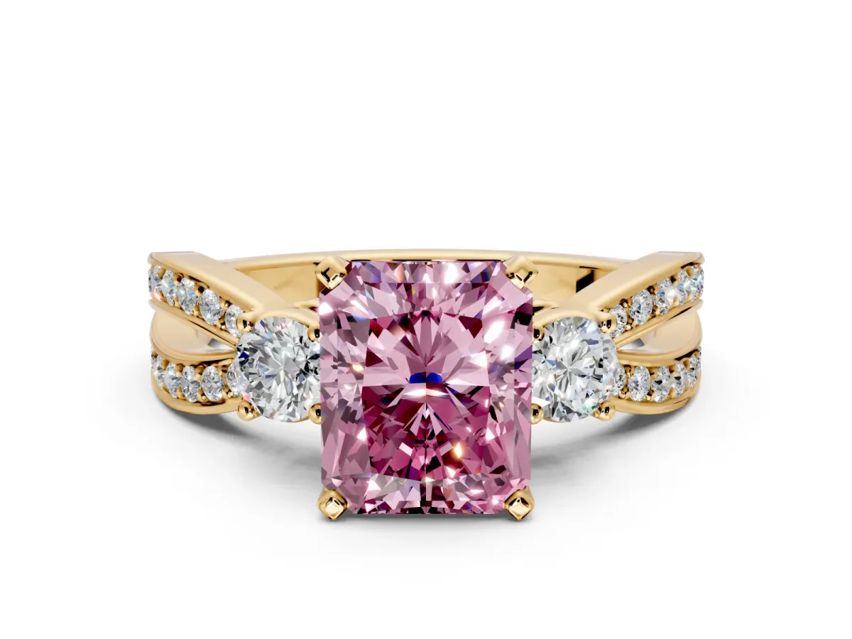 3 Stone Engagement Ring Setting for Fancy Pink Radiant Cut Center with Pave Twist Band and Prong Head in Yellow Gold
