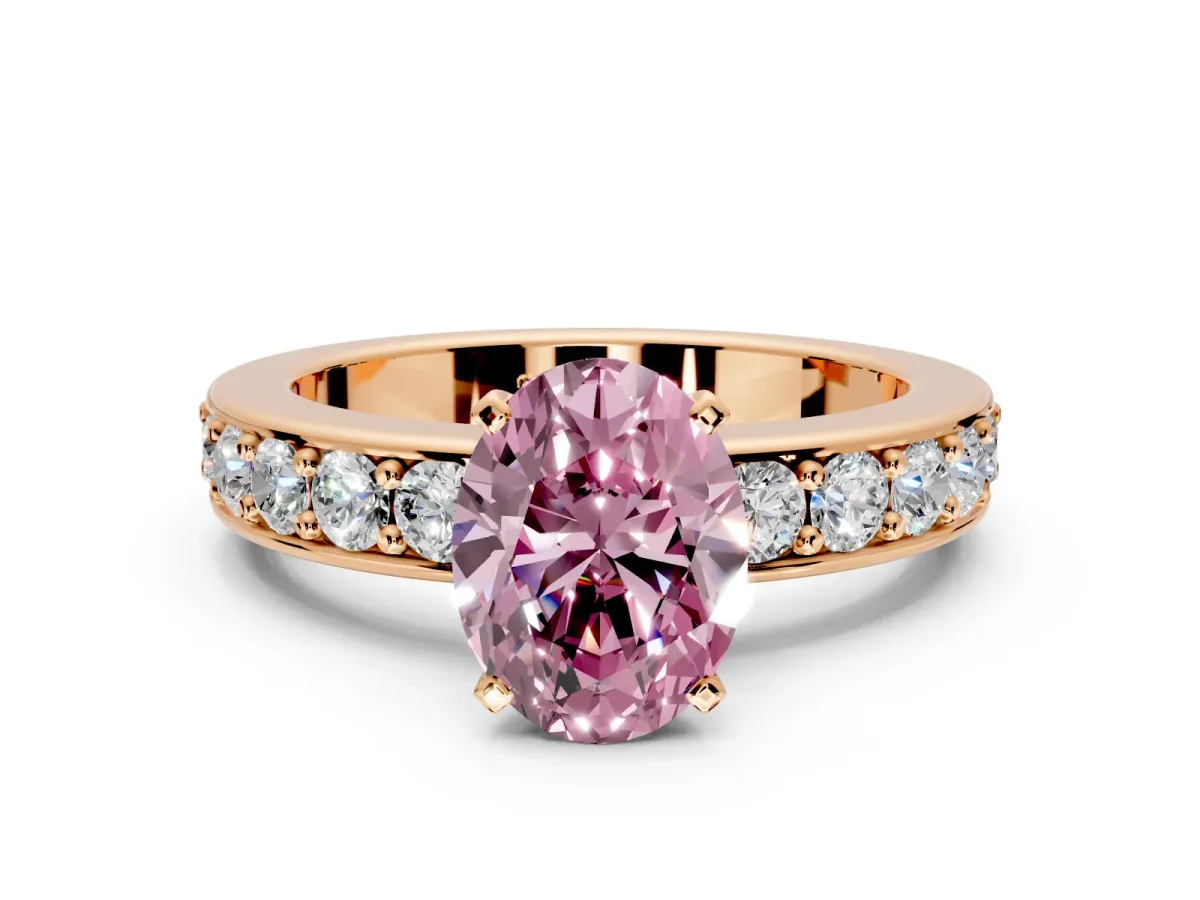 Solitaire Engagement Ring Setting for Fancy Pink Oval Center with Channel-Set Accents and Prong Head in Rose Gold