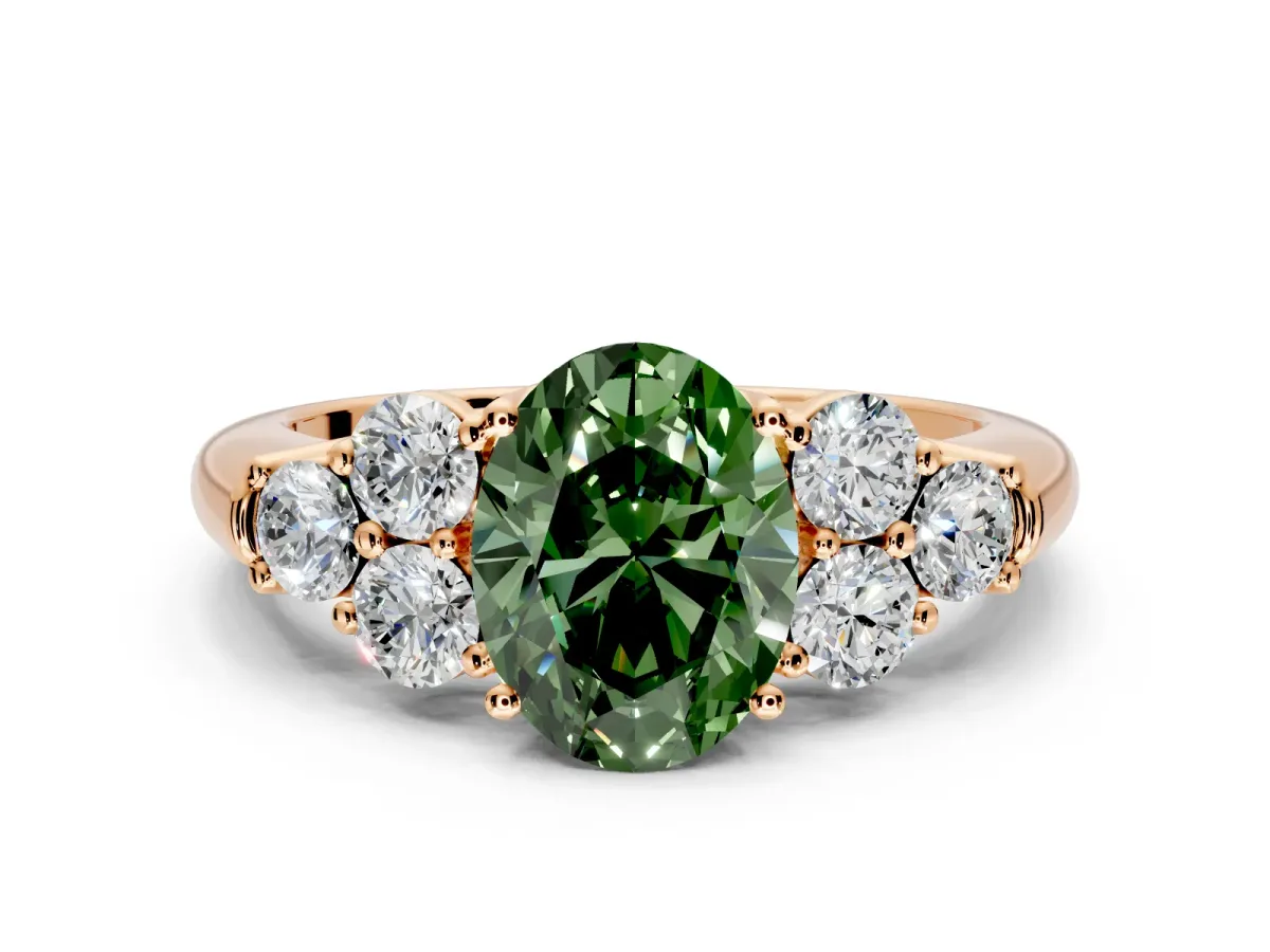 Cluster Engagement Ring Setting for Fancy Green Oval Center with Round Cut Accent Frame and Prong Head in Rose Gold