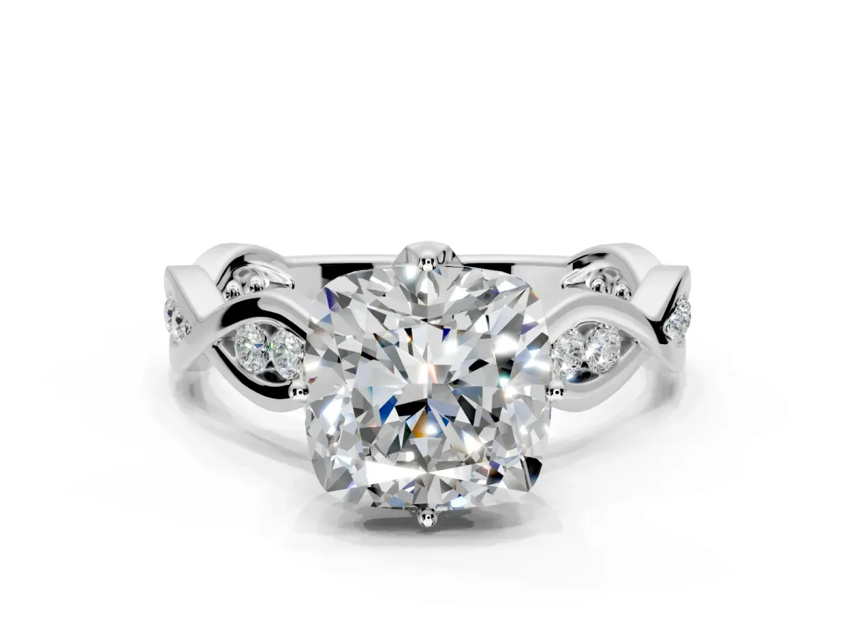 Solitaire Engagement Ring Setting for Cushion Cut Center with Accented Twist Band and Leaf Prong Head in Sterling Silver