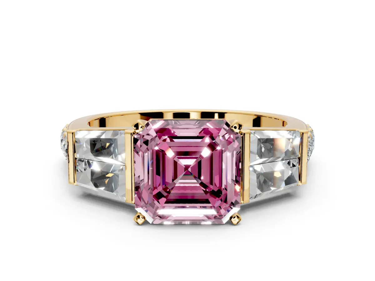 Channel-Set Engagement Ring Setting for Fancy Pink Asscher Cut Center with Baguette Band and Prong Head in Yellow Gold