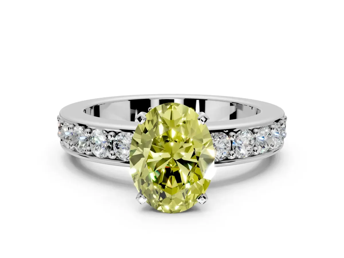 Solitaire Engagement Ring Setting for Fancy Yellow Oval Center with Channel-Set Accents and Prong Head in Platinum