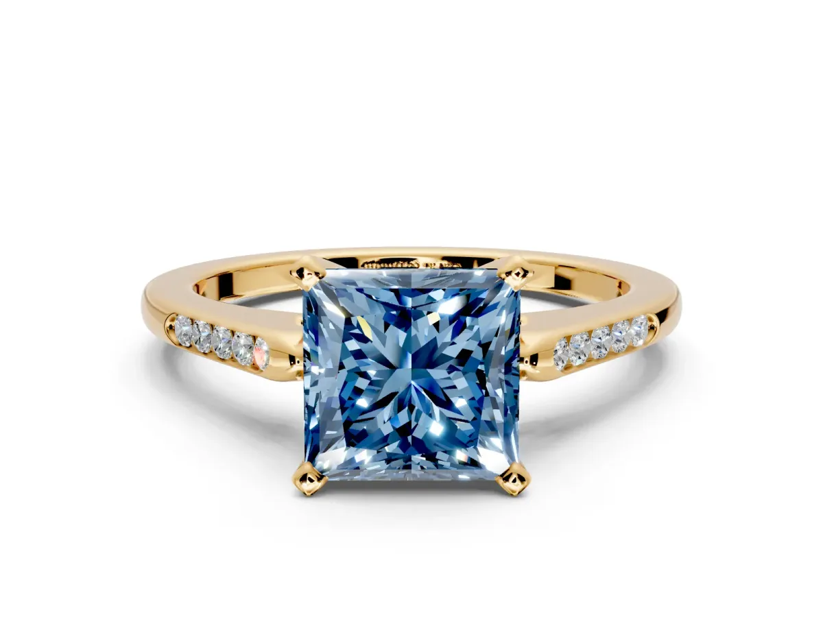 Solitaire Engagement Ring Setting for Fancy Blue Princess Cut Center with Channel Accents and Prong Head in Yellow Gold